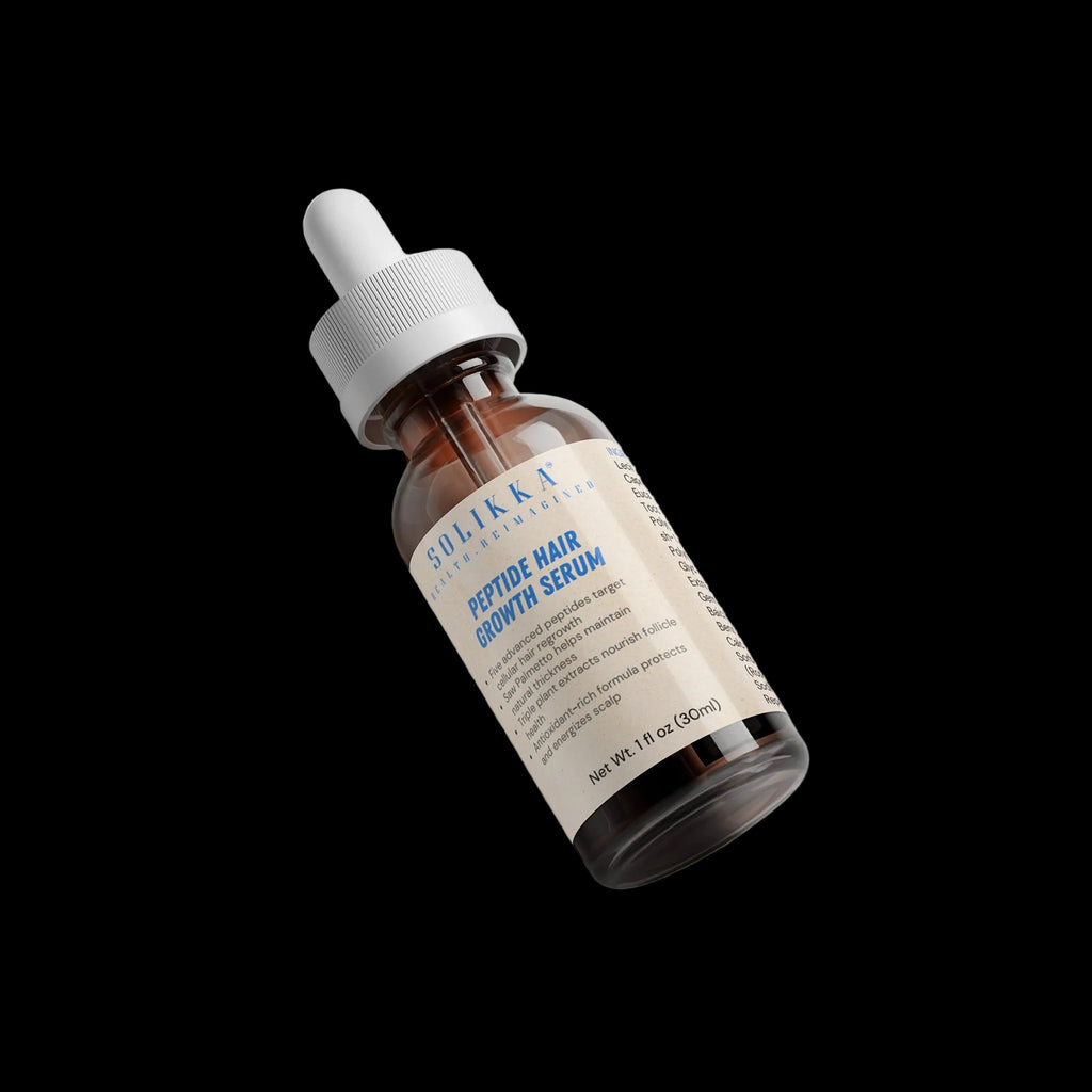 Solikka Peptide Hair Growth Serum bottle with label, designed for hair care and promoting hair growth.