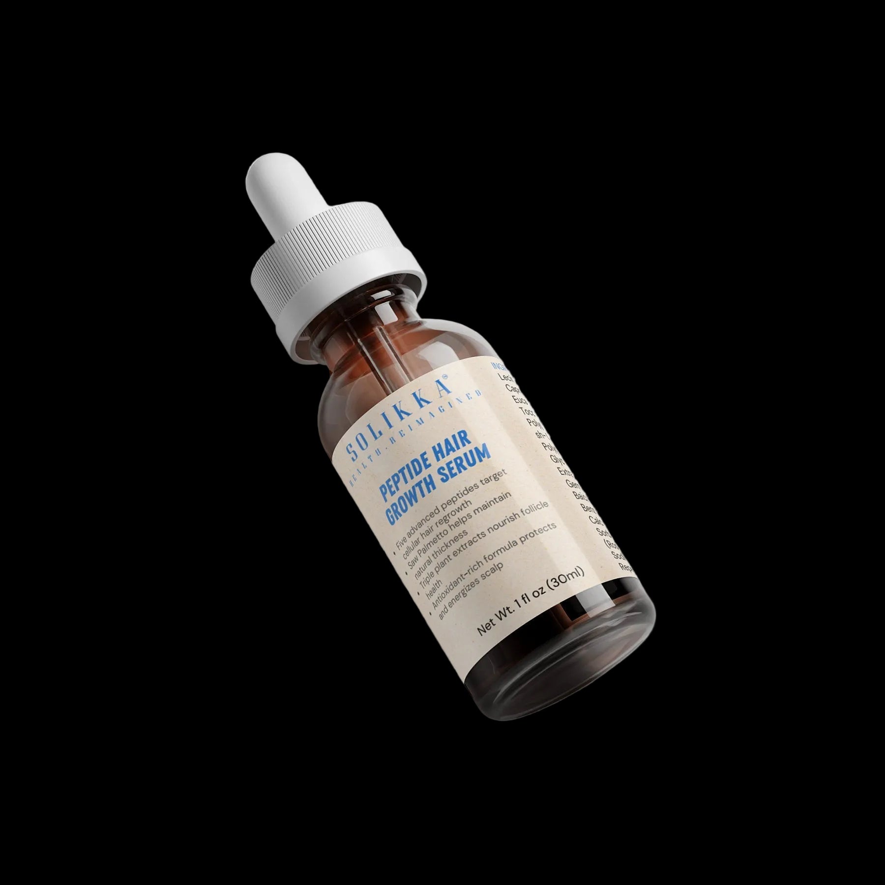 Solikka Peptide Hair Growth Serum bottle with label, designed for hair care and promoting hair growth.