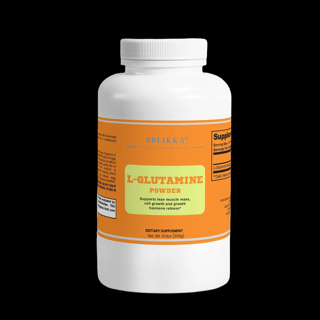 Solikka L-Glutamine Powder container with label showing amino acids supplement for muscle recovery and athletic performance.