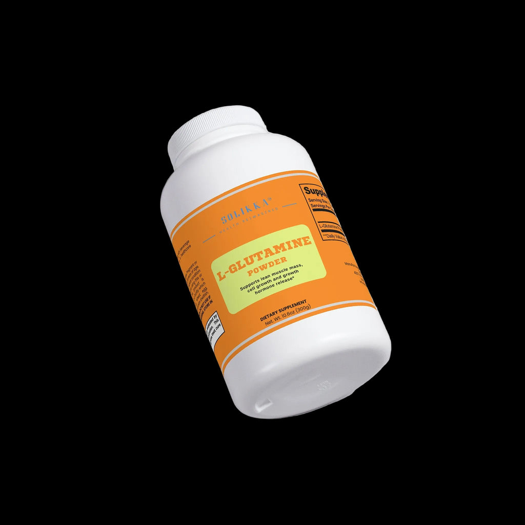 Solikka L-Glutamine Powder container showing label with product name, amino acids supplement, and brand logo.