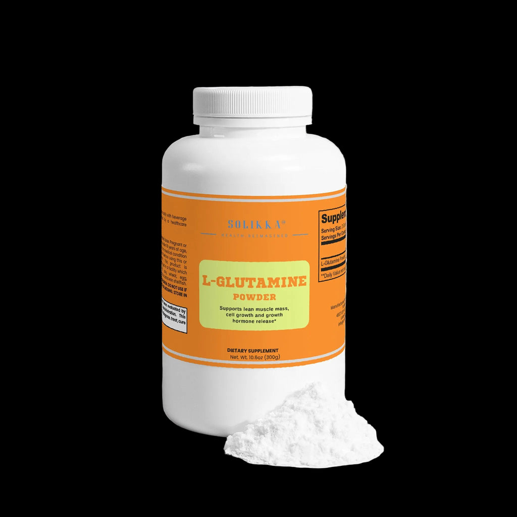 Solikka L-Glutamine Powder bottle with label showing amino acids supplement for muscle recovery and immune support.