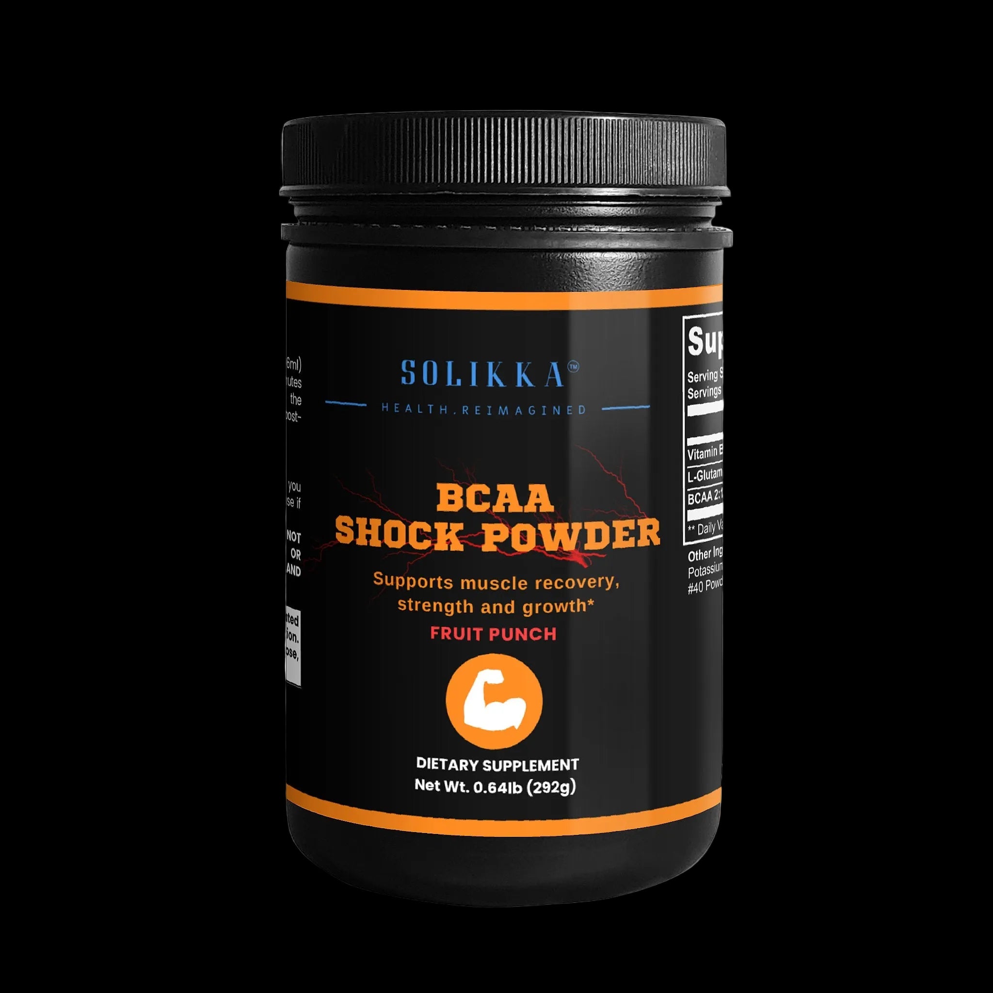 Solikka BCAA Shock Powder container with label showing amino acids blend, designed for muscle recovery and workout support.