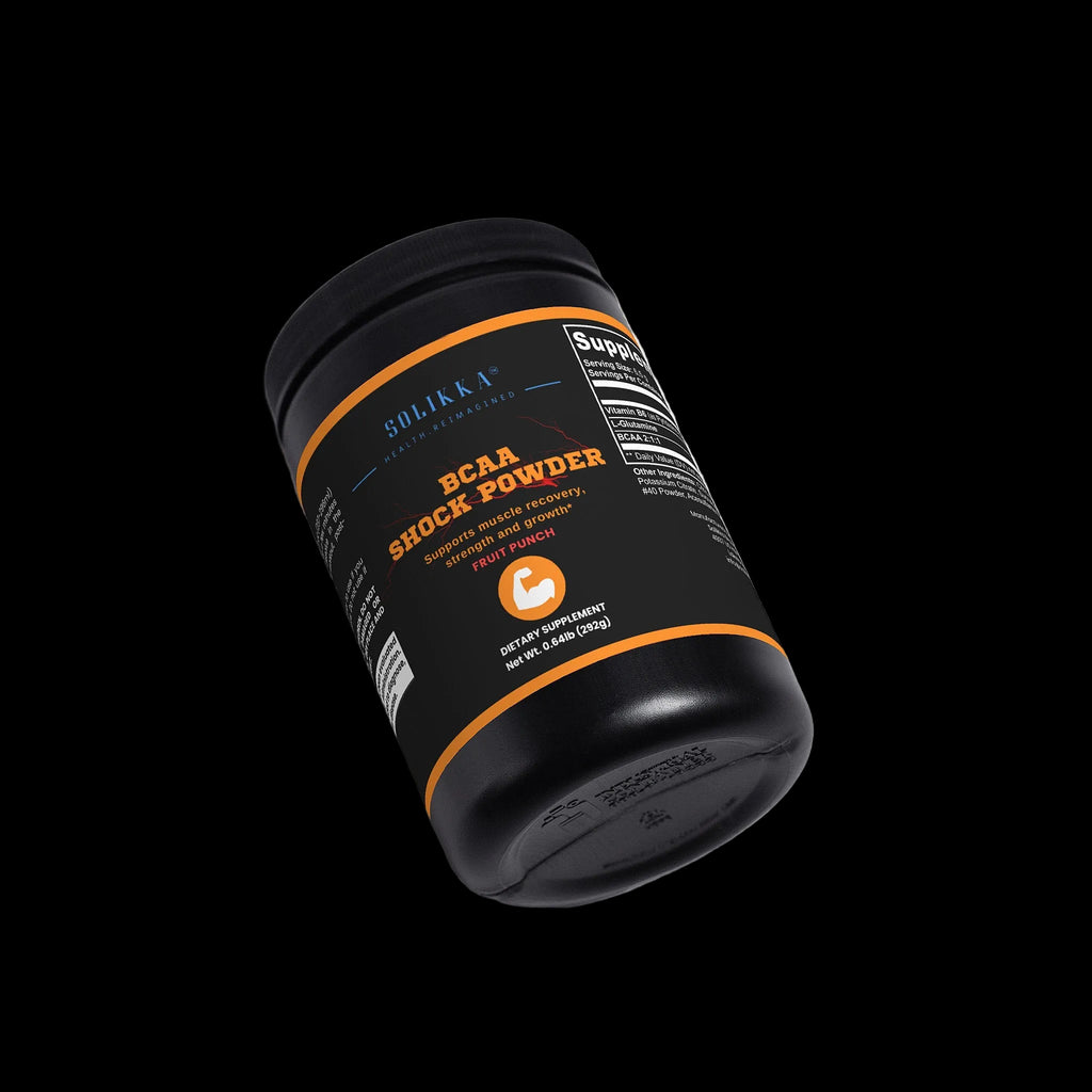 Solikka BCAA Shock Powder amino acids supplement in a white container with a label featuring blue and red accents.