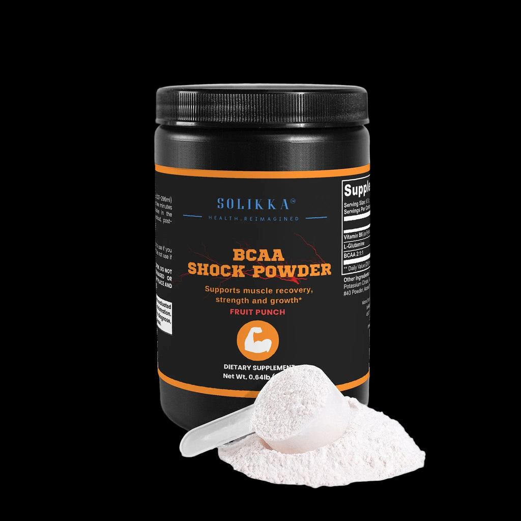 Solikka BCAA Shock Powder container with label showing amino acids blend and nutritional information.