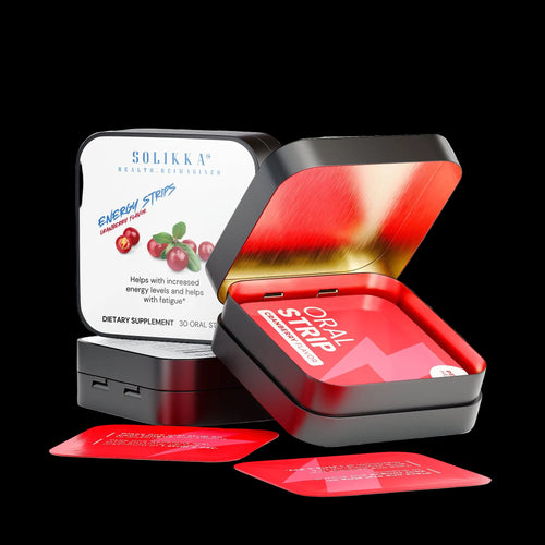 Solikka Burst Energy Strips packaging showing vitamin and mineral supplement label with vibrant design and product branding.