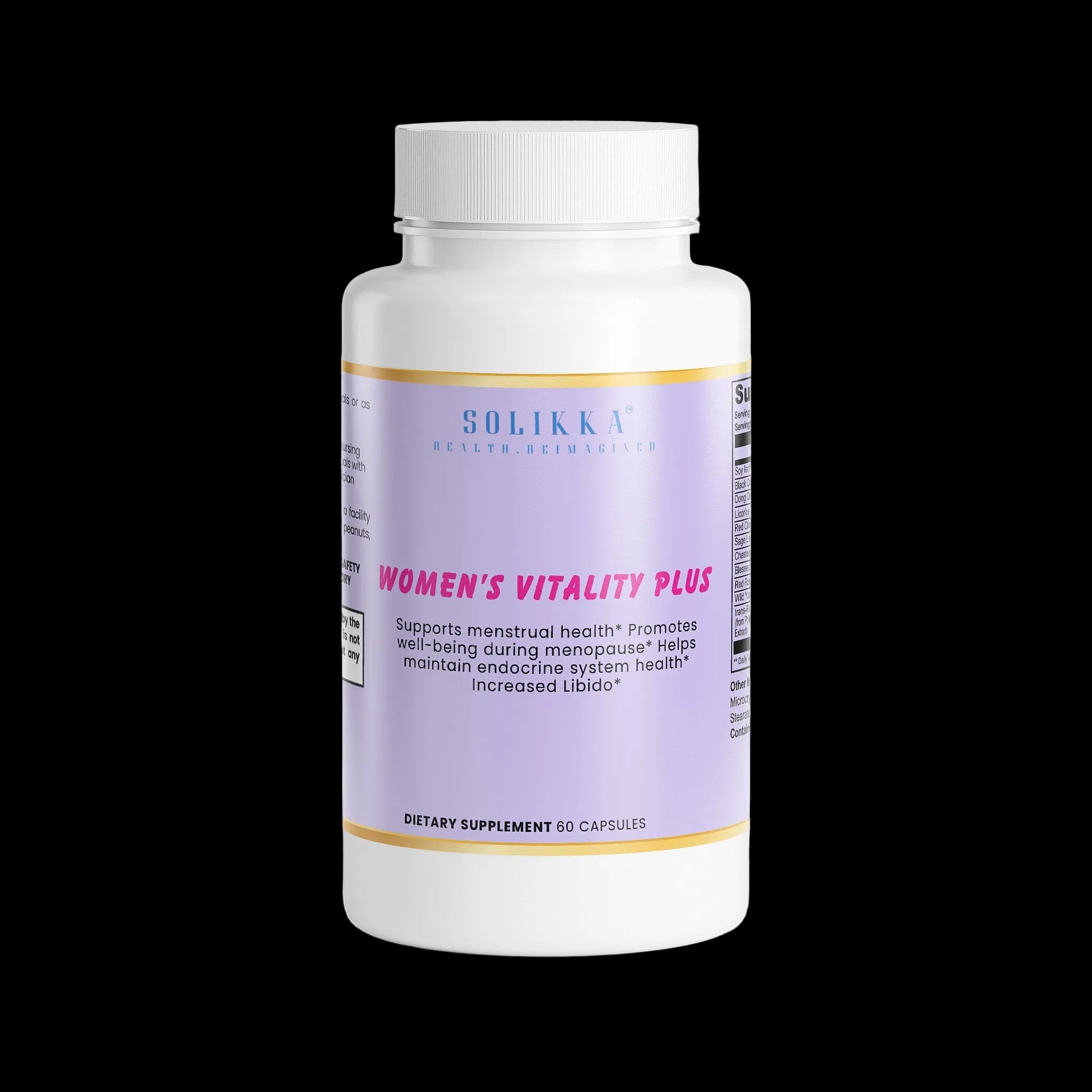Label of Solikka Women's Vitality Plus specialty supplement bottle with detailed product information on the label.