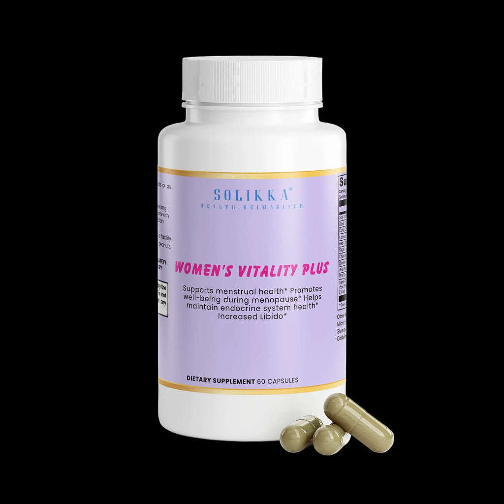 Solikka Women's Vitality Plus supplement bottle with label showing supplement details and colorful branding.