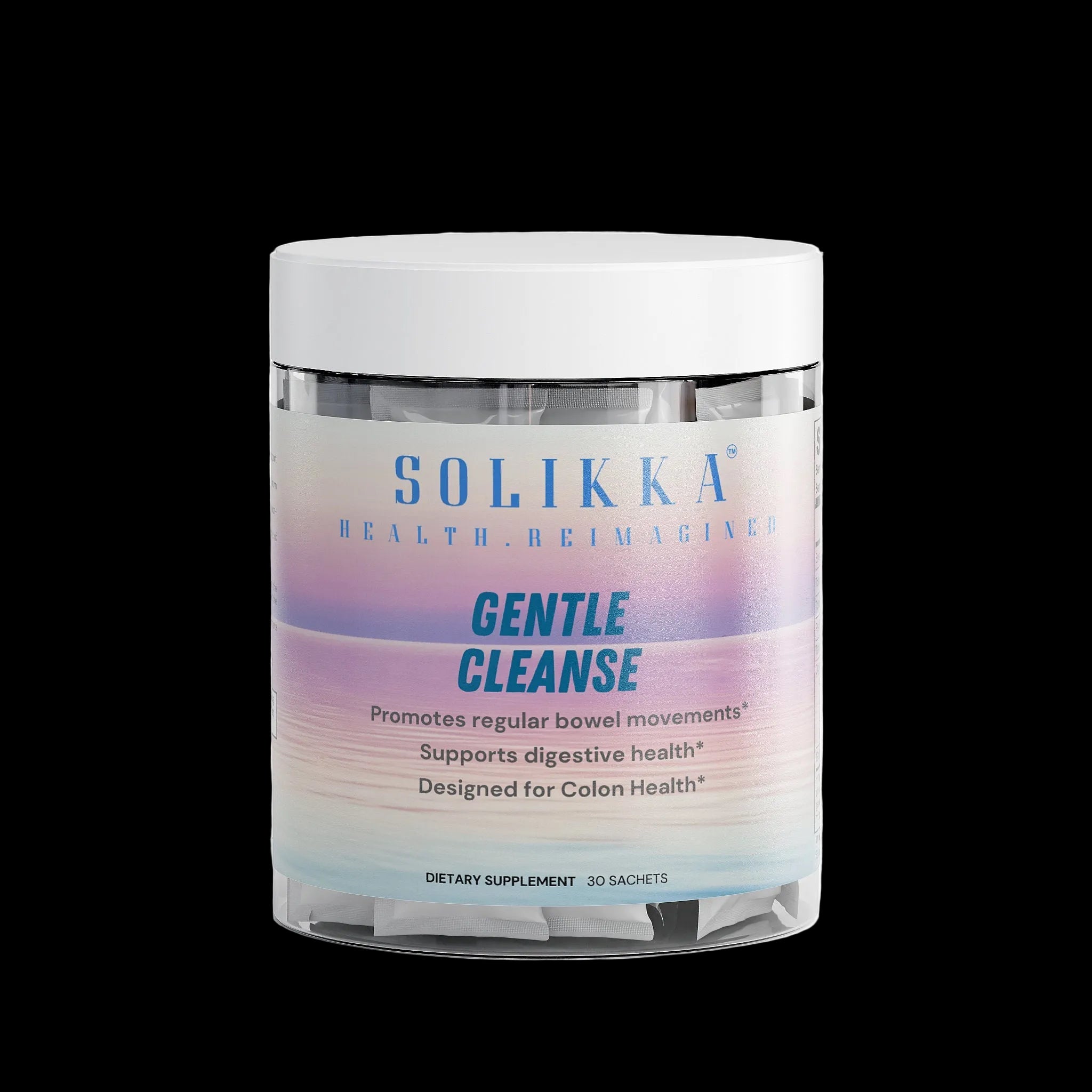 Solikka Gentle Cleanse sachets, specialty supplement with natural ingredients, displayed in a clear package with label details.