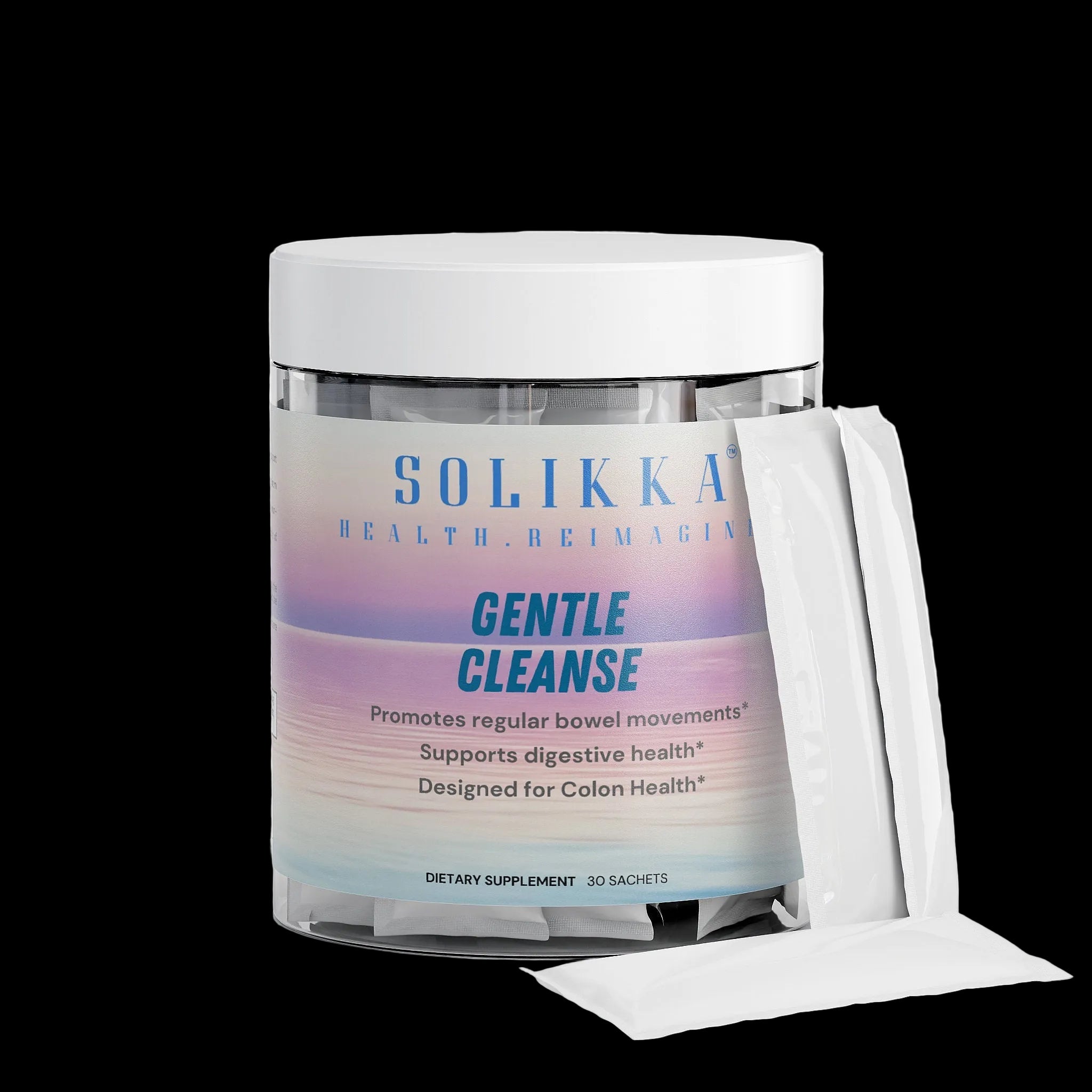 Solikka Gentle Cleanse Sachets, specialty supplement with natural ingredients, shown in white and green packaging.