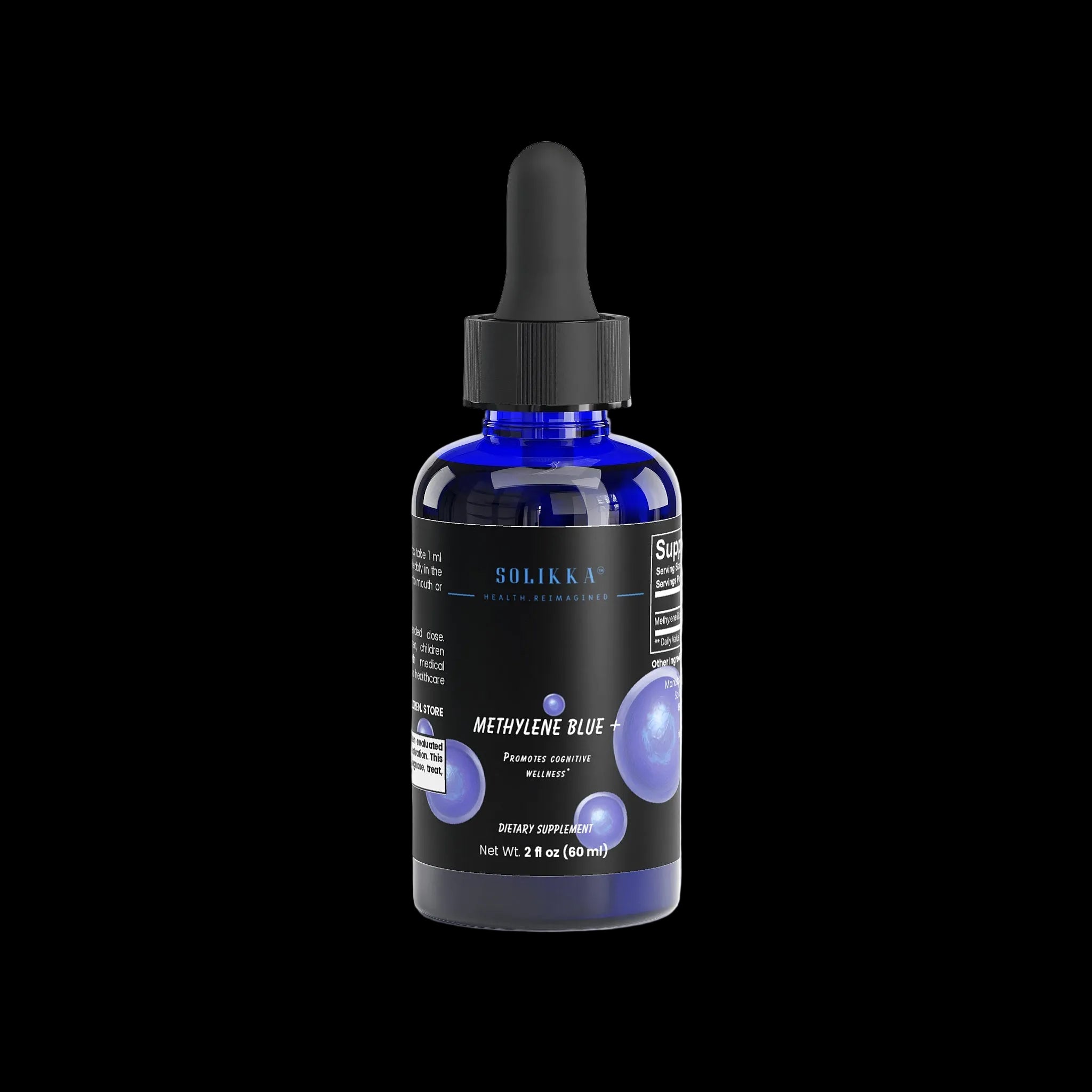 Label image of Solikka Methylene Blue specialty supplement bottle featuring product details and branding.