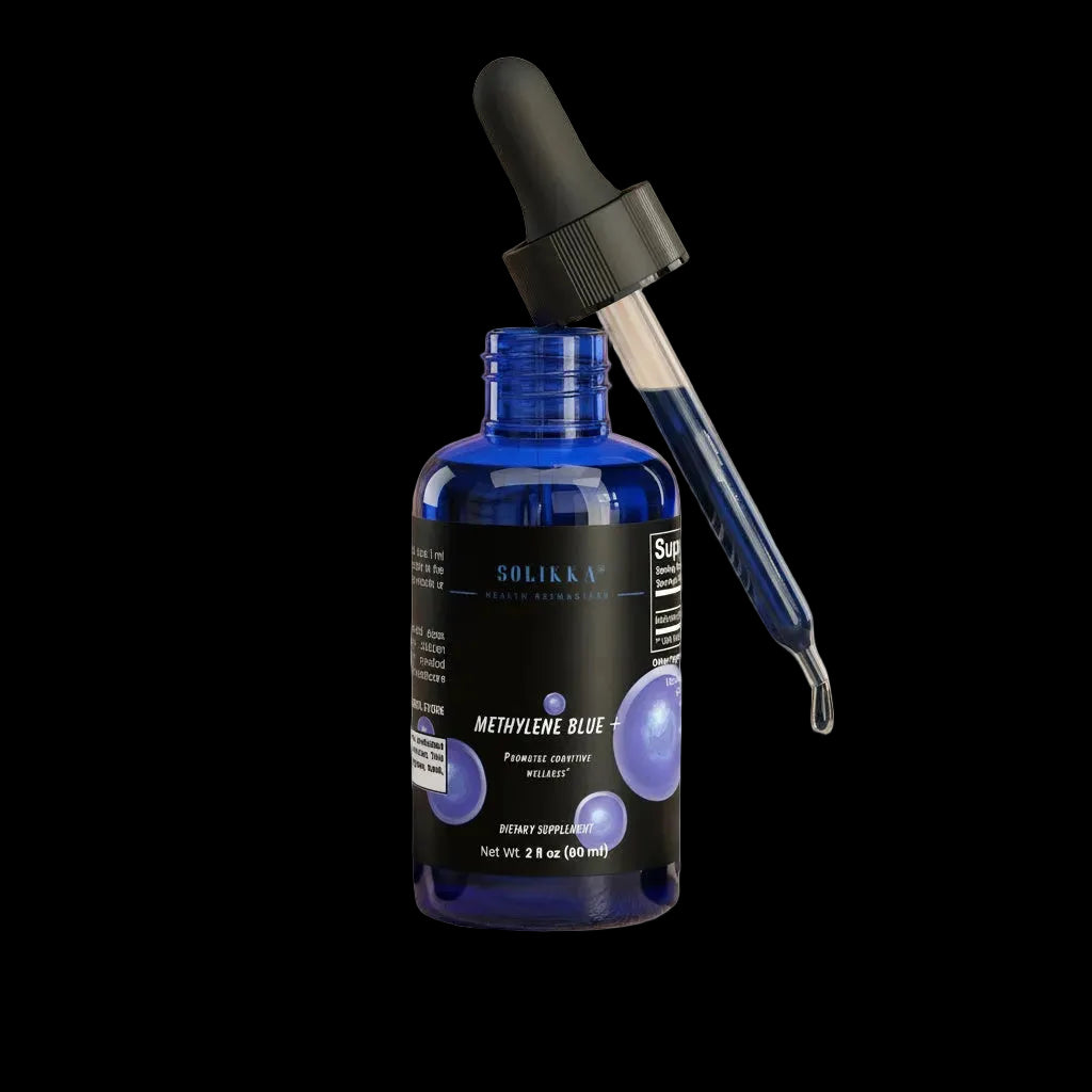 Solikka Methylene Blue specialty supplement label with blue liquid and product information on a white background.
