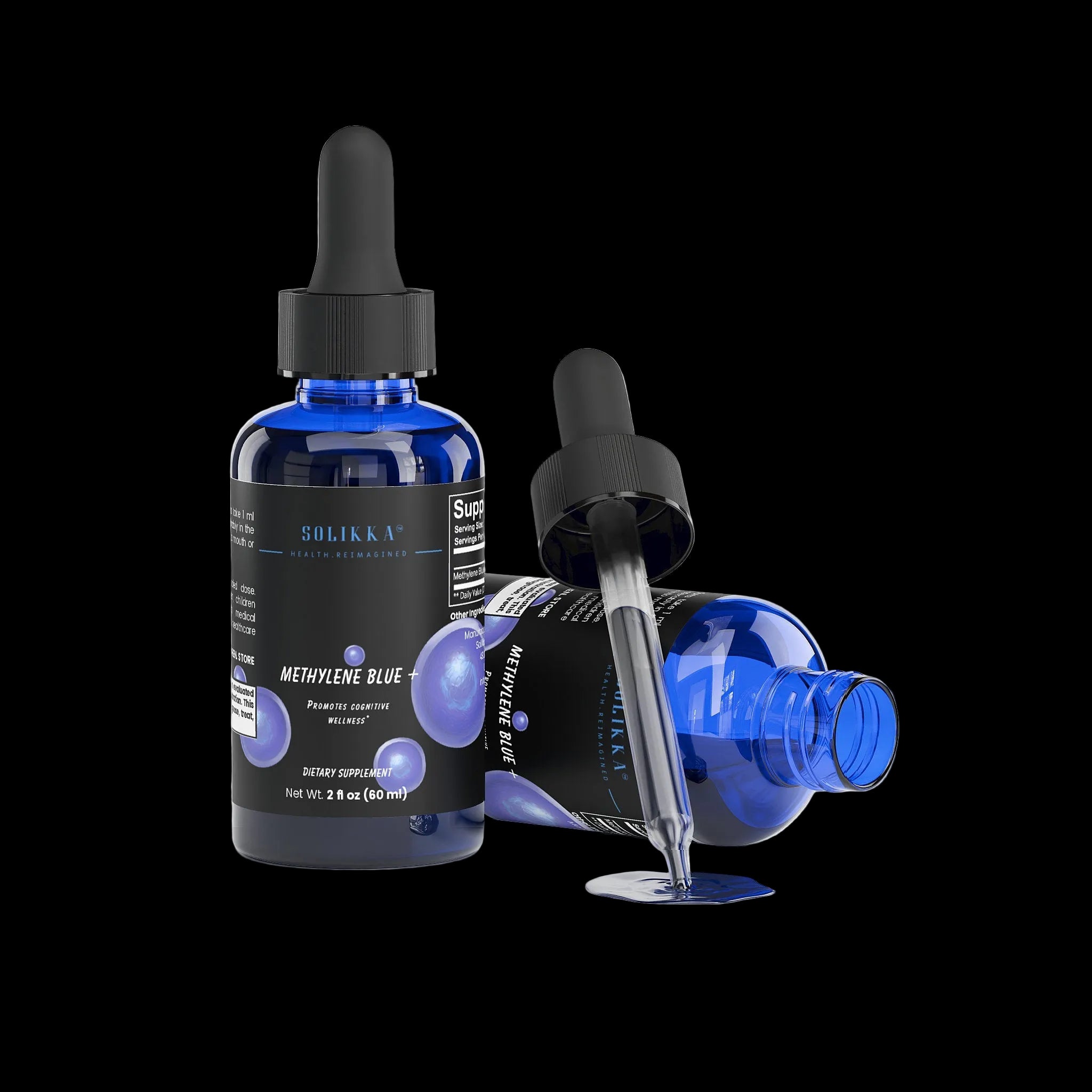Solikka Methylene Blue supplement bottle with label showing blue liquid and product details, used as a specialty supplement.