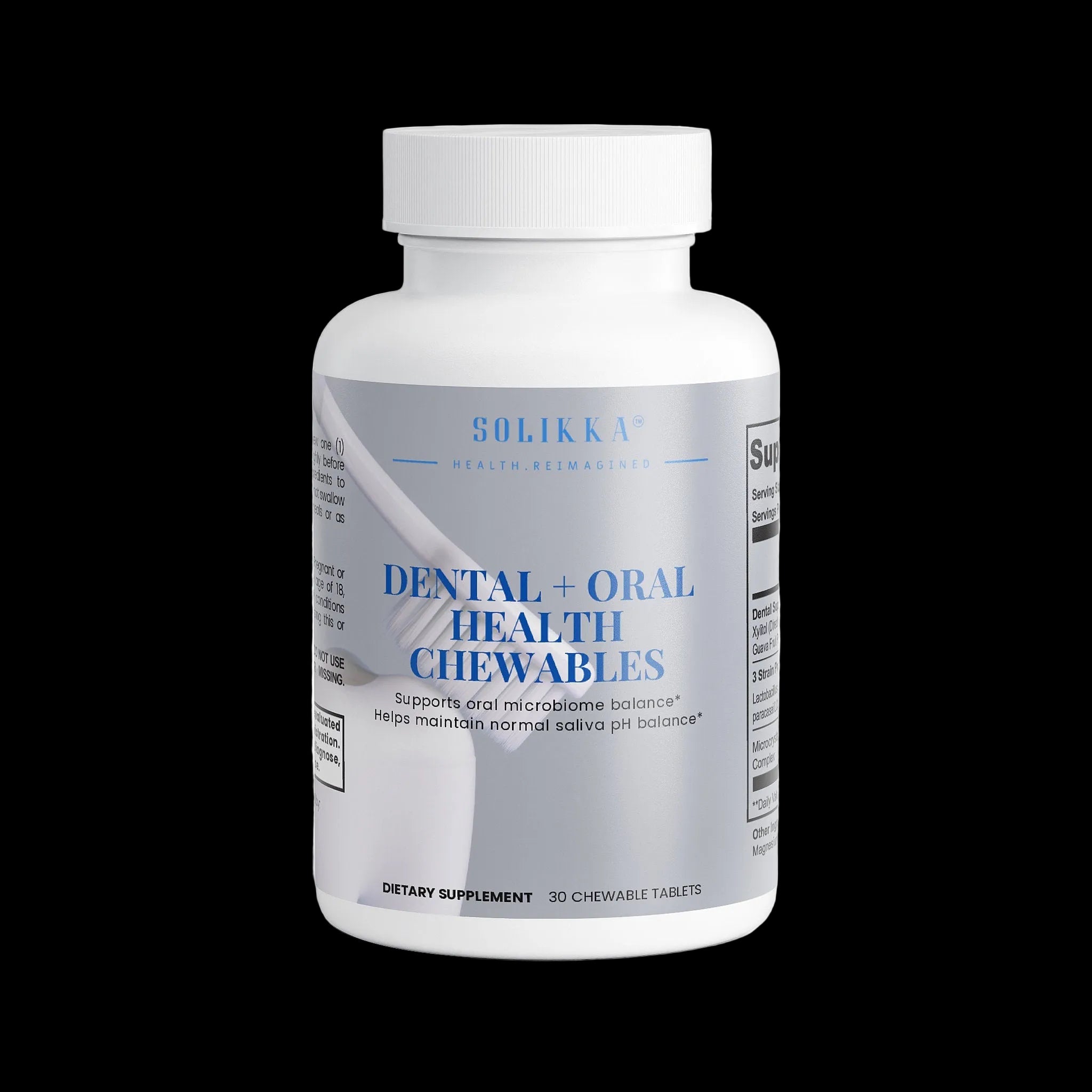 Solikka Dental & Oral Health Chewables for improved oral hygiene, displayed in their supplement label.
