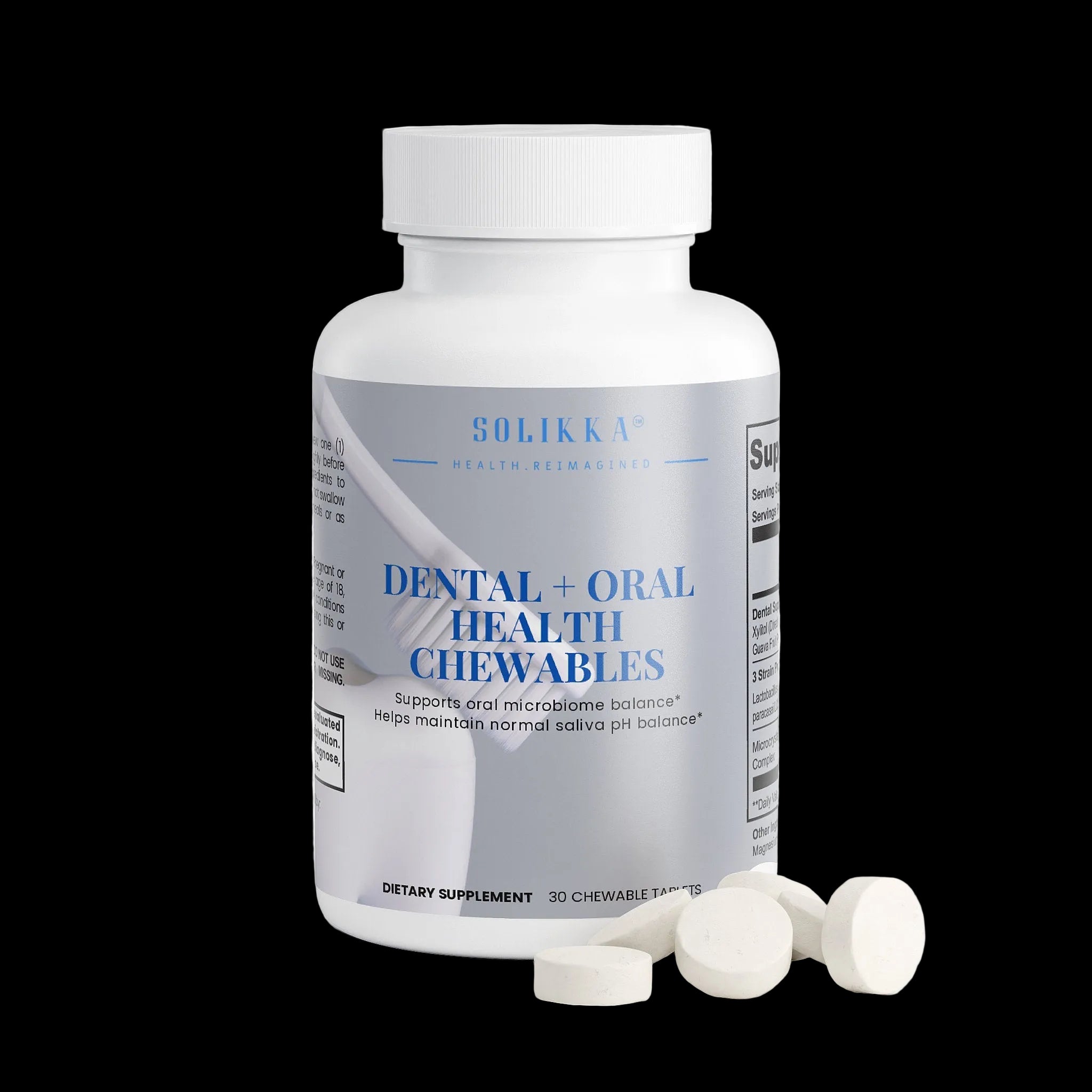 Solikka Dental & Oral Health Chewables supplement showing label with orange and white packaging, designed for oral health support.