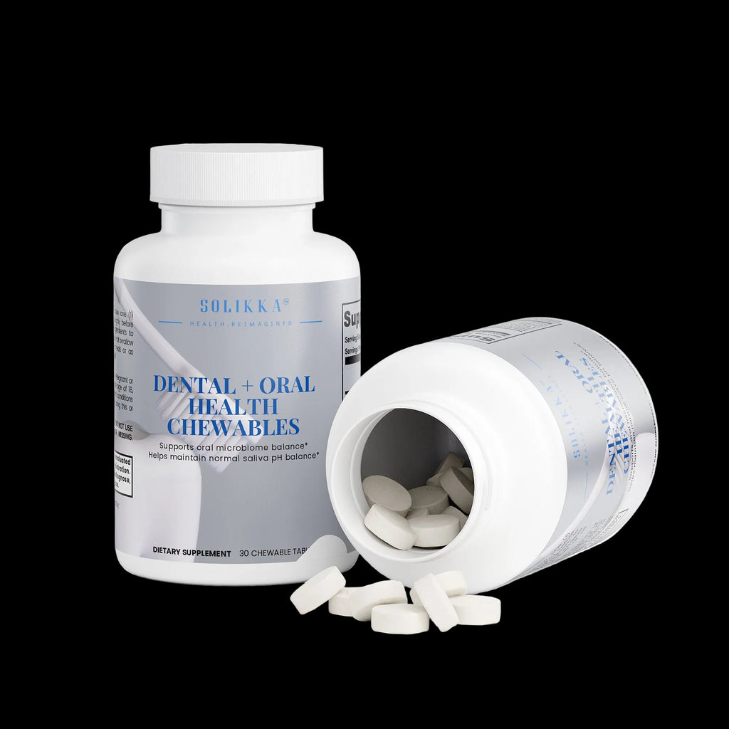 Solikka Dental & Oral Health Chewables supplement bottle with label showing product details for specialty dental health support.