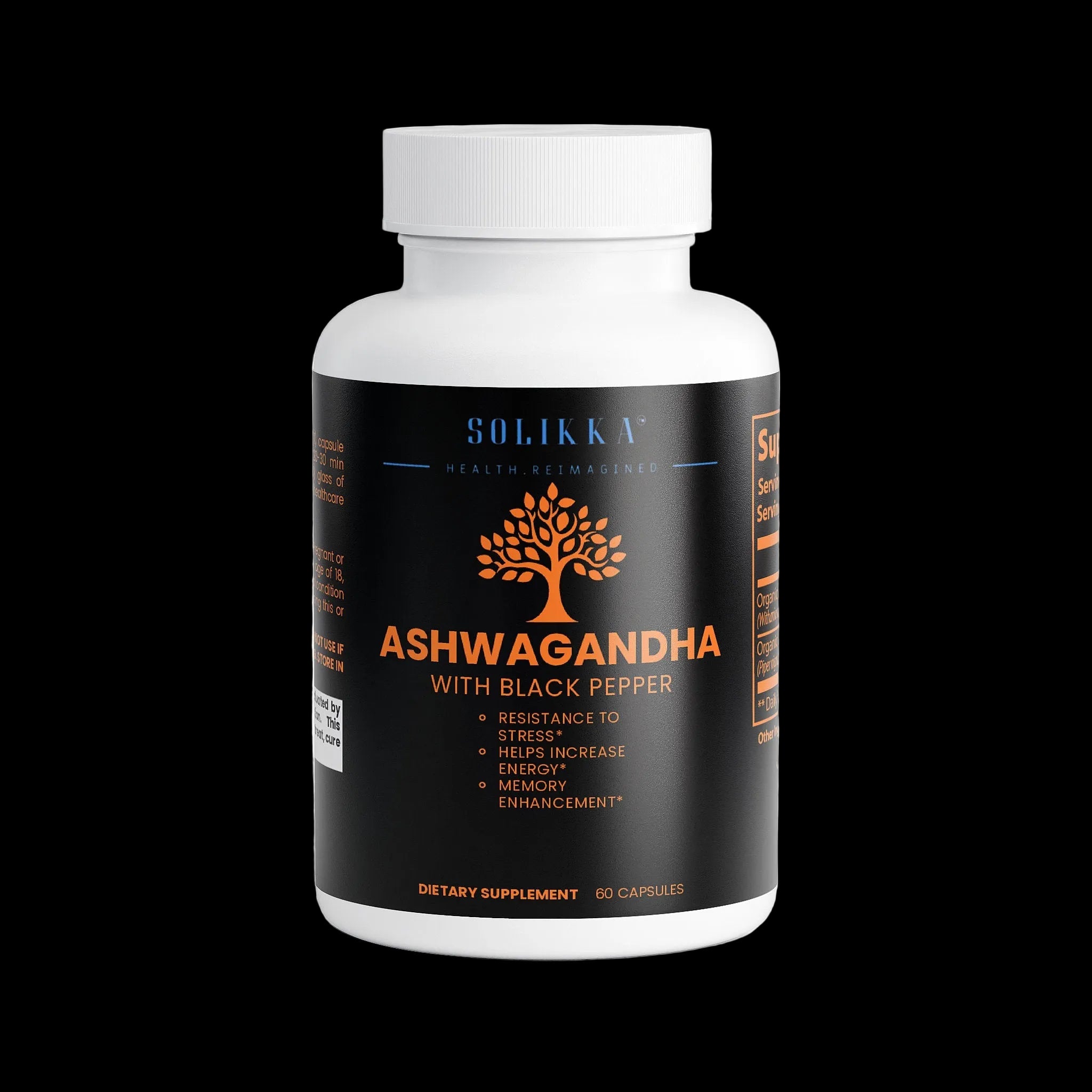 Solikka Ashwagandha specialty supplement bottle with label showing product details and branding.