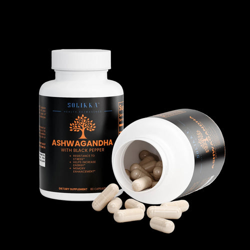 Solikka Ashwagandha specialty supplement bottle with label showing herbal extract and dosage information.