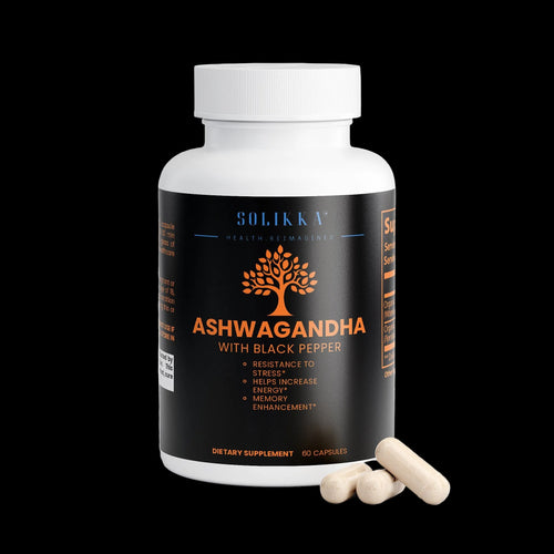 Solikka Ashwagandha specialty supplement bottle with label and cap, natural herbal remedy for stress relief.
