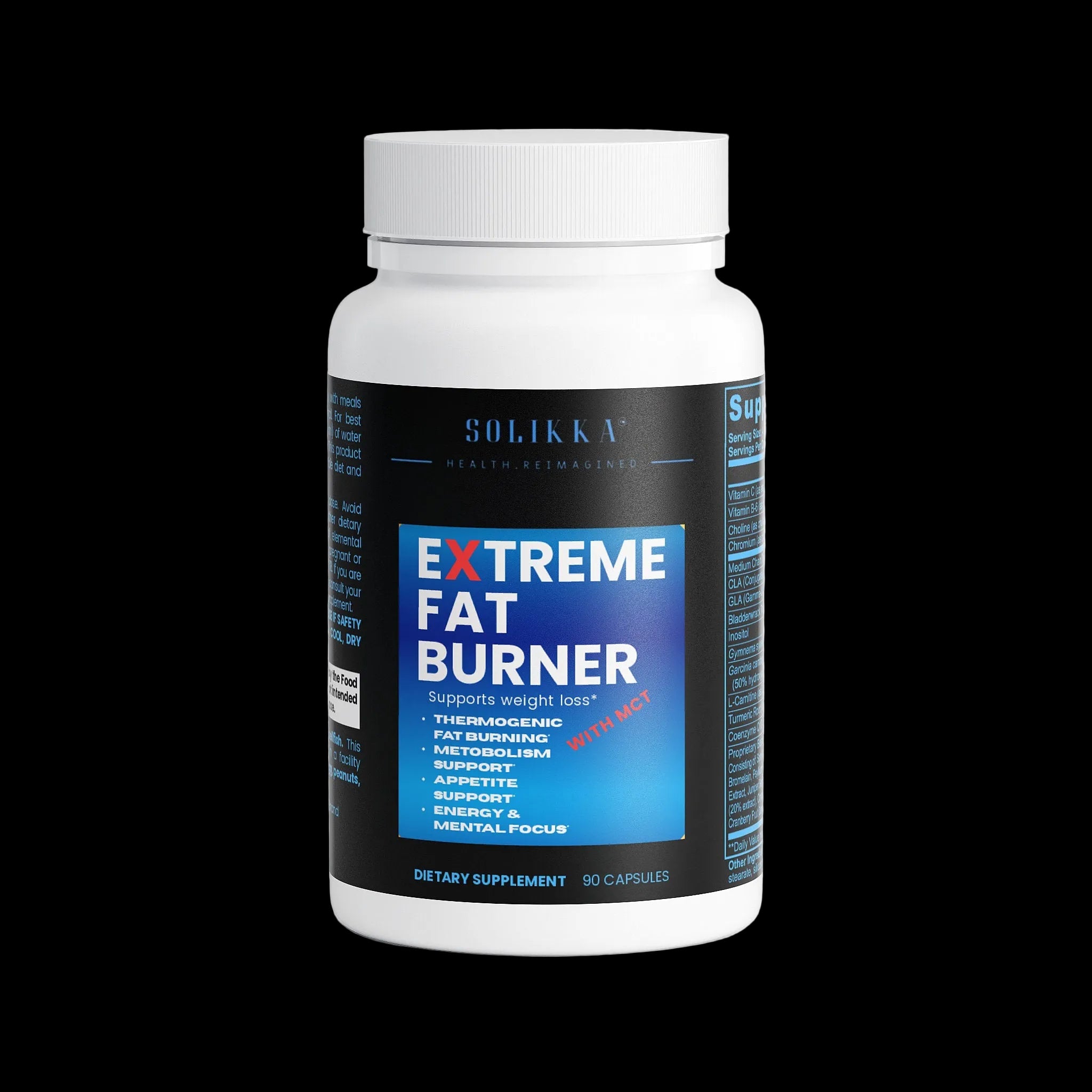 Solikka Extreme Fat Burner with MCT supplement bottle showing label for weight management and fat burning support.