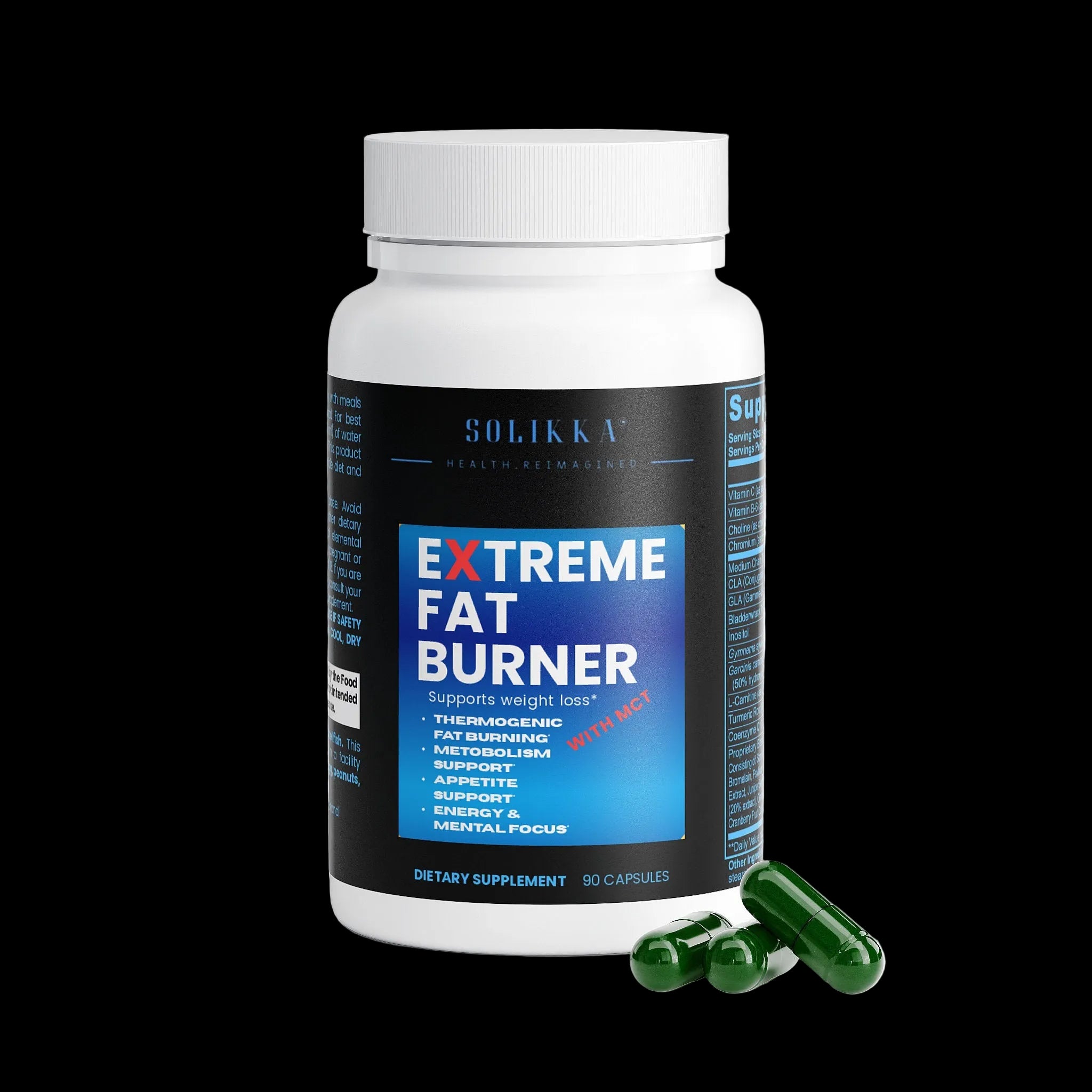 Solikka Extreme Fat Burner with MCT supplement label showing product name and ingredients for weight management.