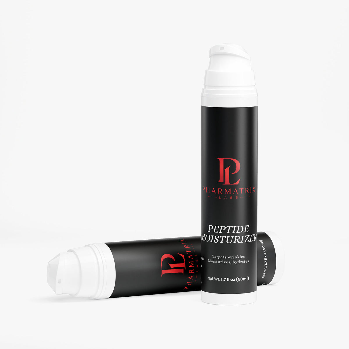 Two skincare products with Pharmatrix labels and white caps on a white background Peptide Moisturizer 