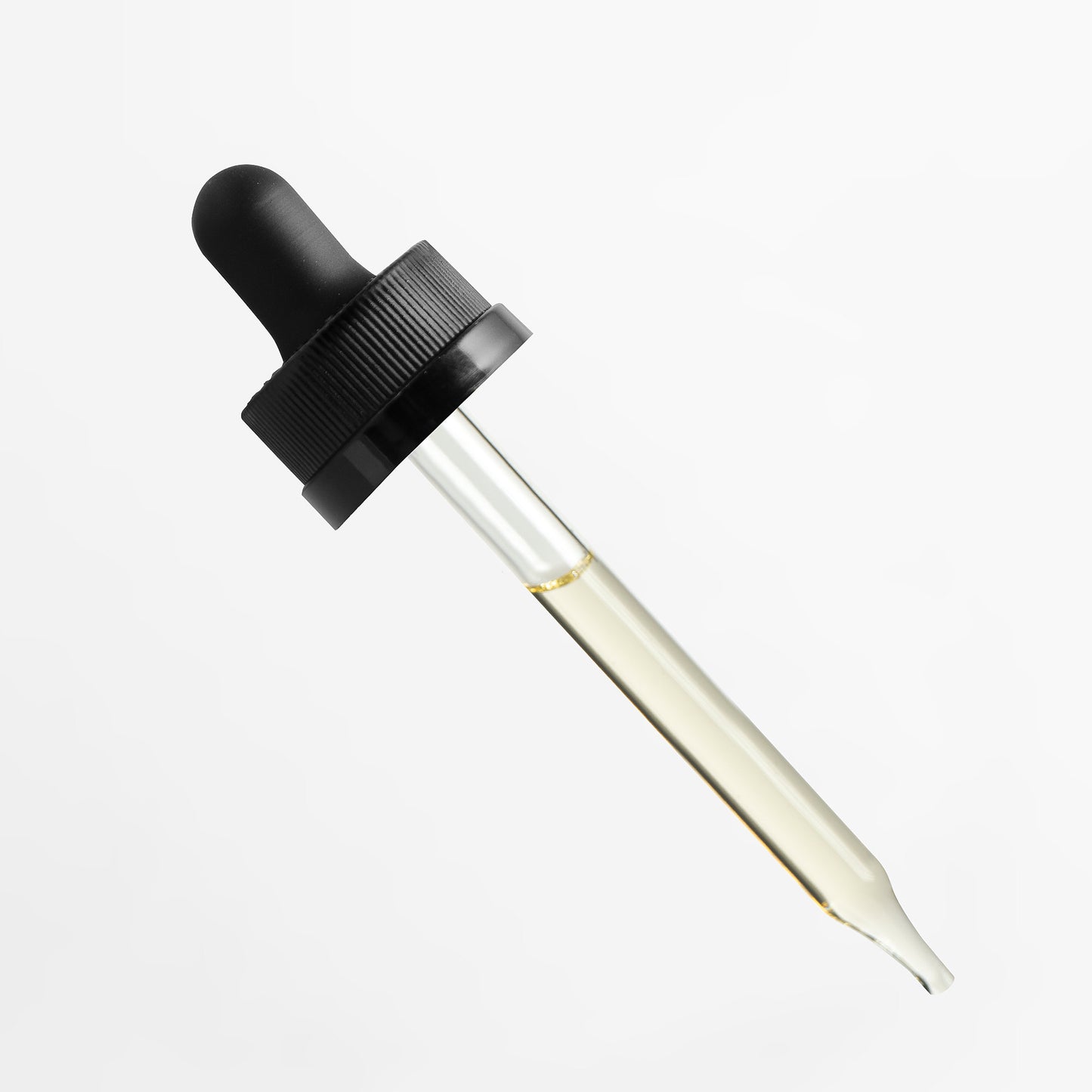 Products dropper bottle with black cap and clear glass container on a white background