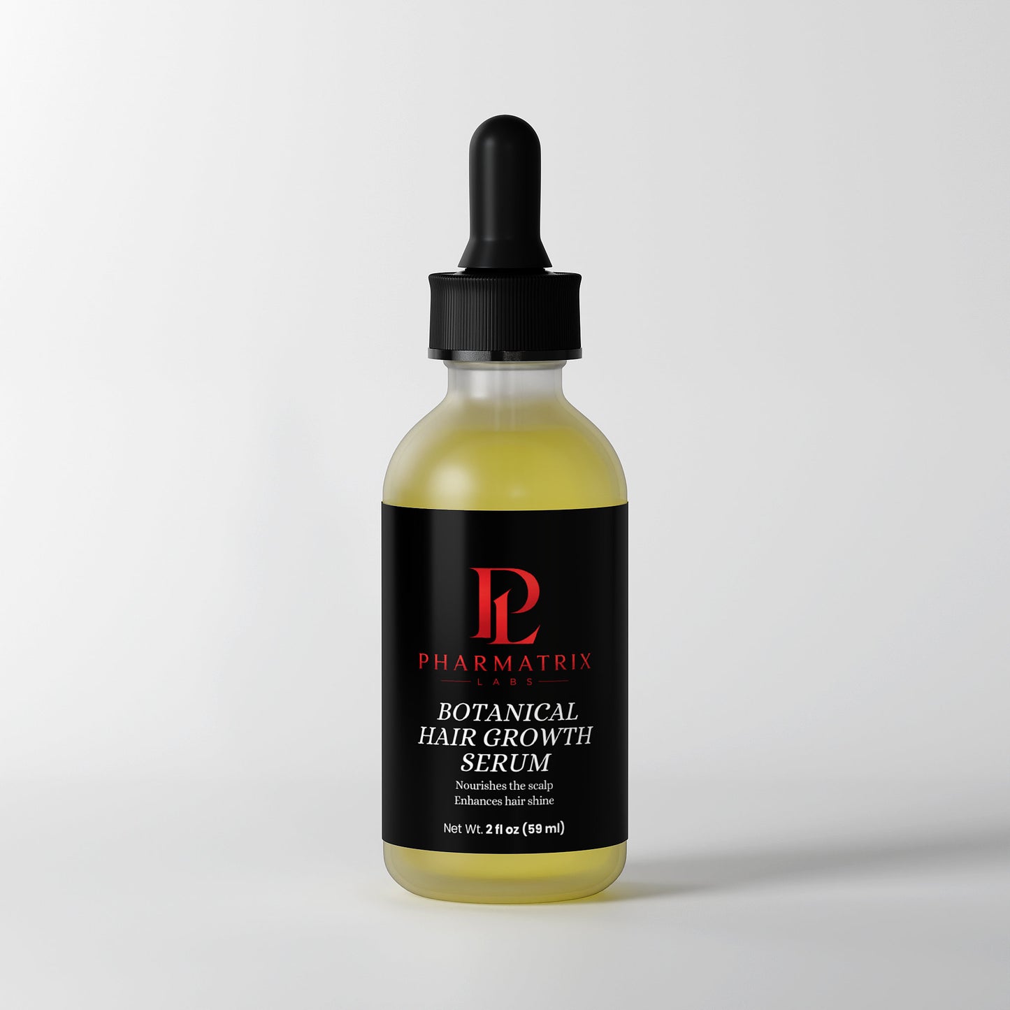 Bottle of Pharmatrix Botanical Hair Growth Serum with dropper on a white background with shadow