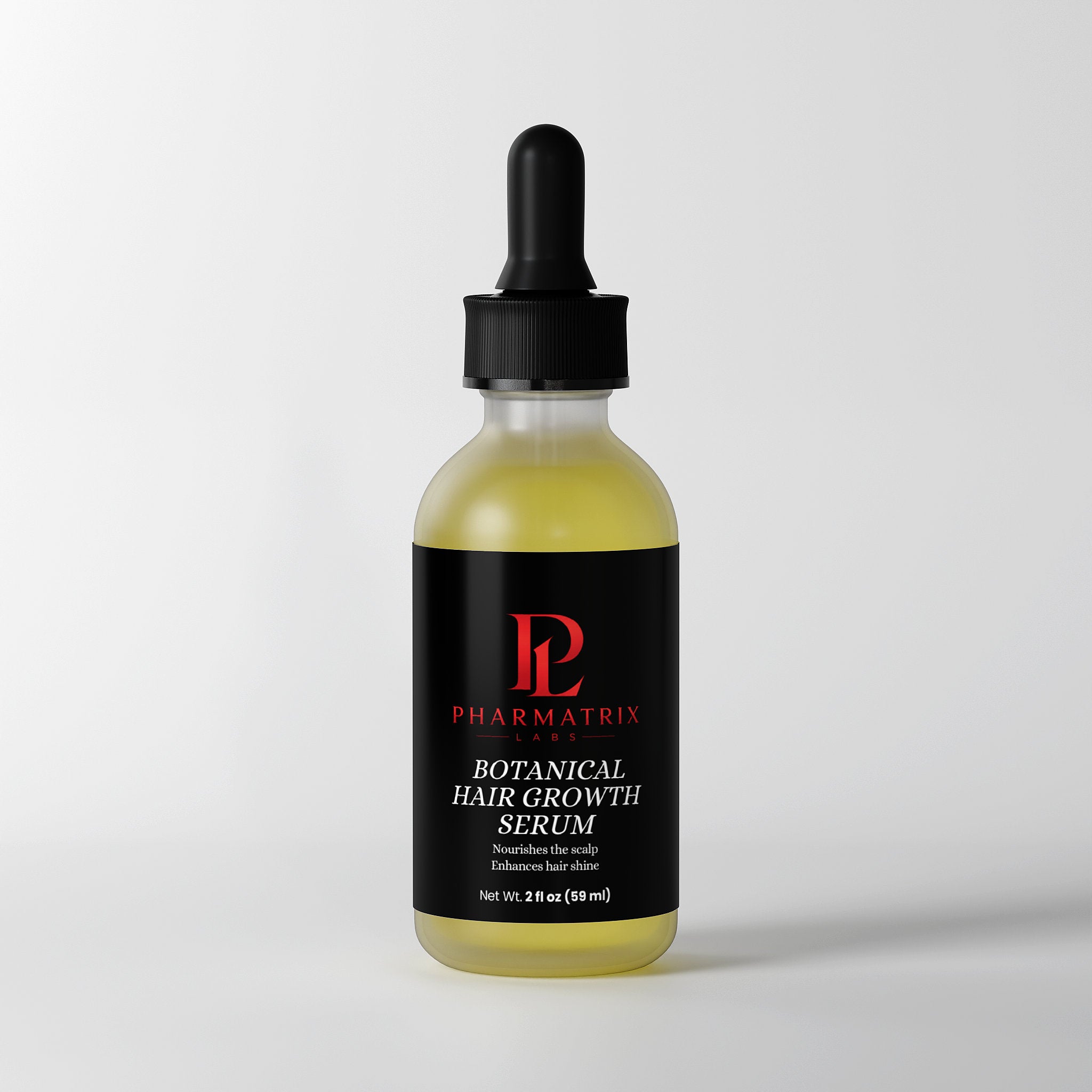 Bottle of Pharmatrix Botanical Hair Growth Serum with dropper on a white background with shadow