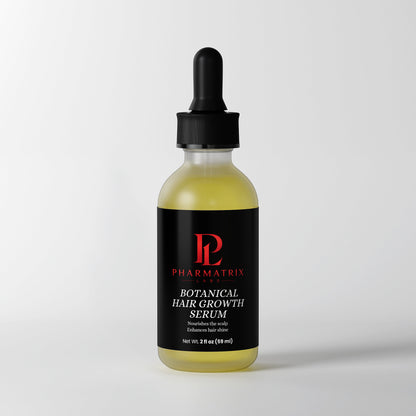 Bottle of Pharmatrix Botanical Hair Growth Serum with dropper on a white background with shadow
