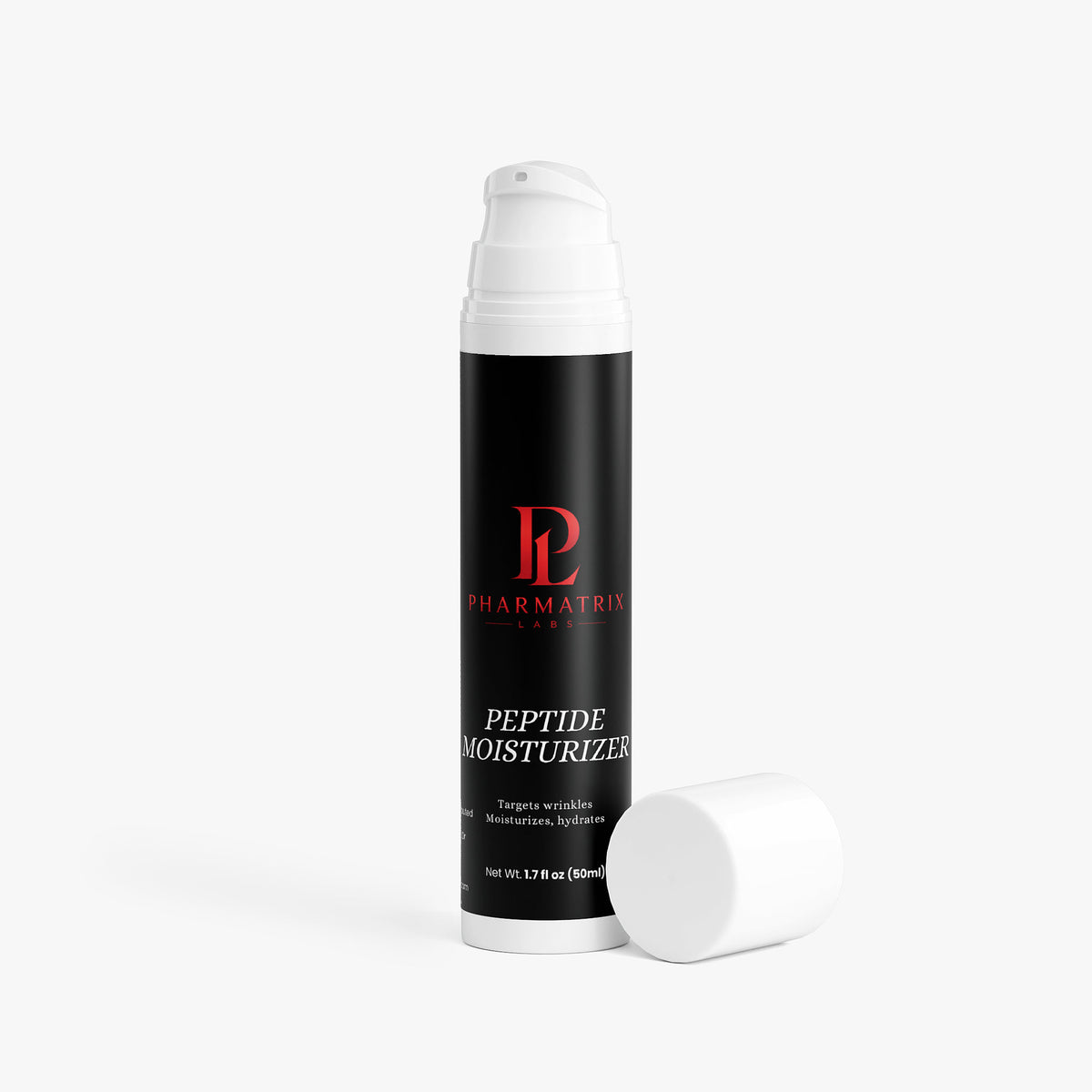 Skincare bottle labeled 'Peptide Moisturizer' by Pharmatrix on a white background