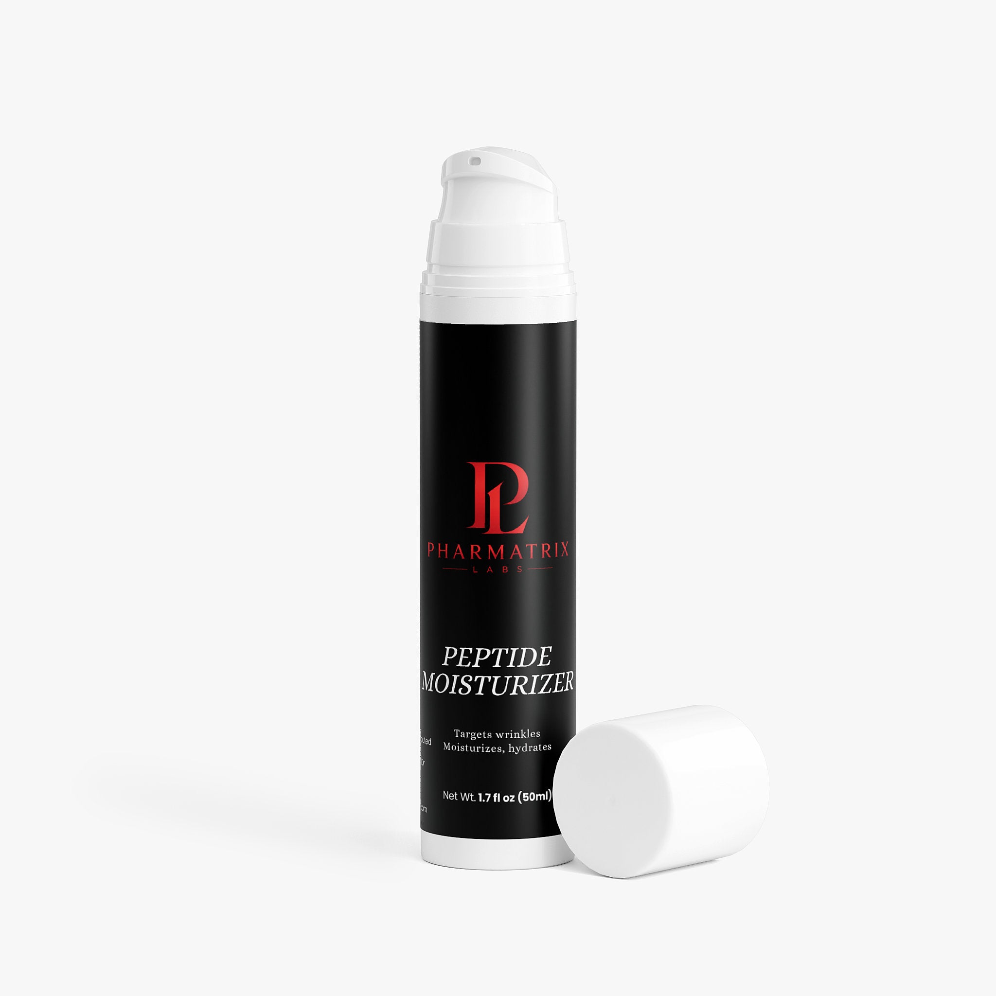Skincare bottle labeled 'Peptide Moisturizer' by Pharmatrix on a white background