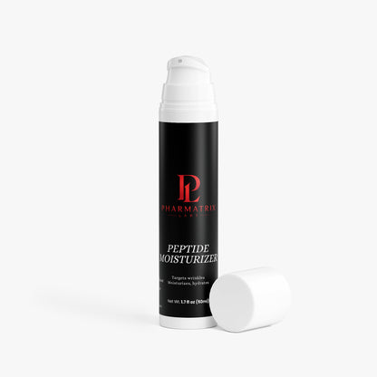 Skincare bottle labeled 'Peptide Moisturizer' by Pharmatrix on a white background
