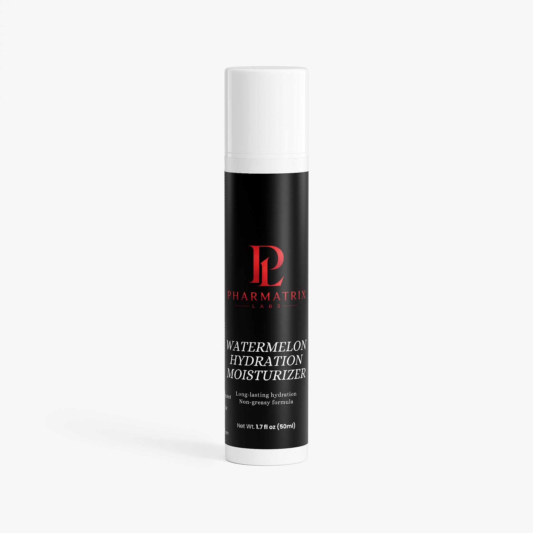 Skincare bottle labeled 'Watermelon Hydration Moisturizer' by Pharmatrix on a white background