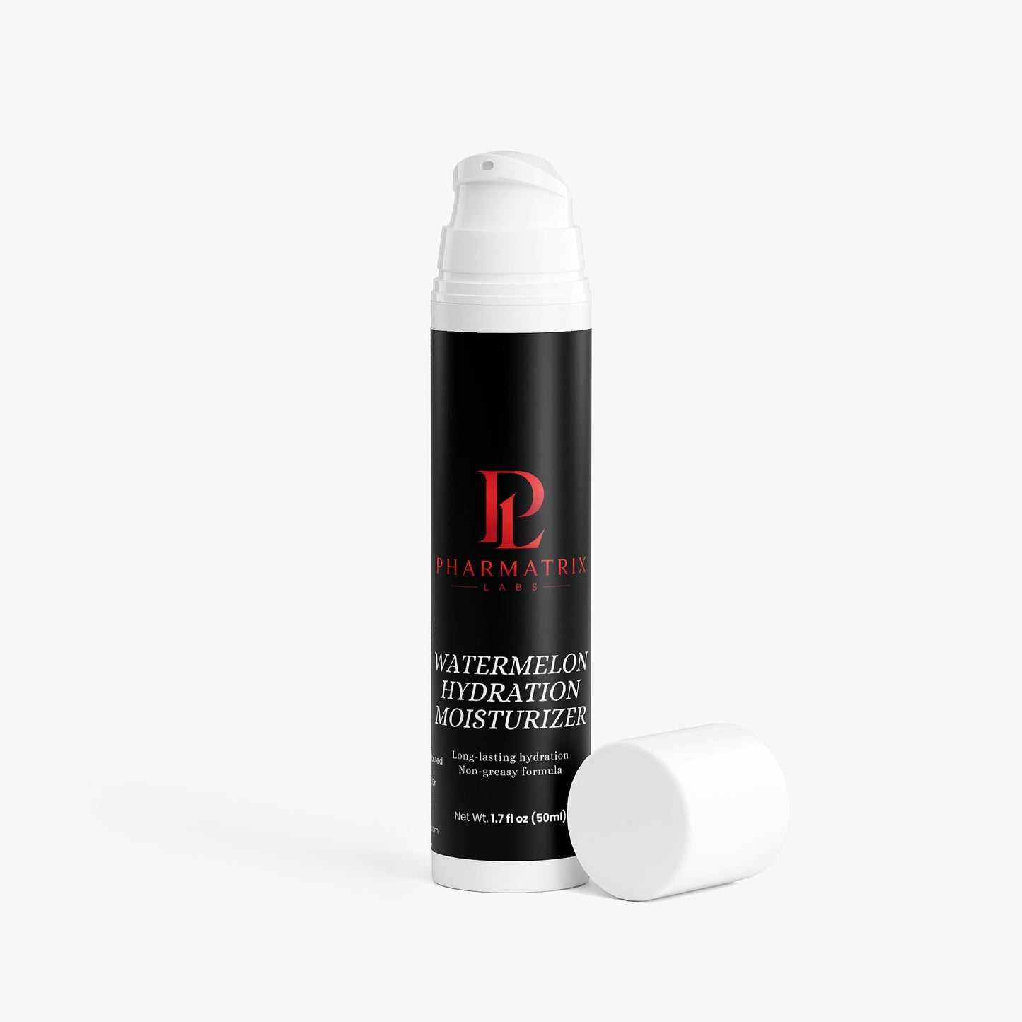 Skincare bottle labeled 'Watermelon hydration Moisturizer' by Pharmatrix on a white background